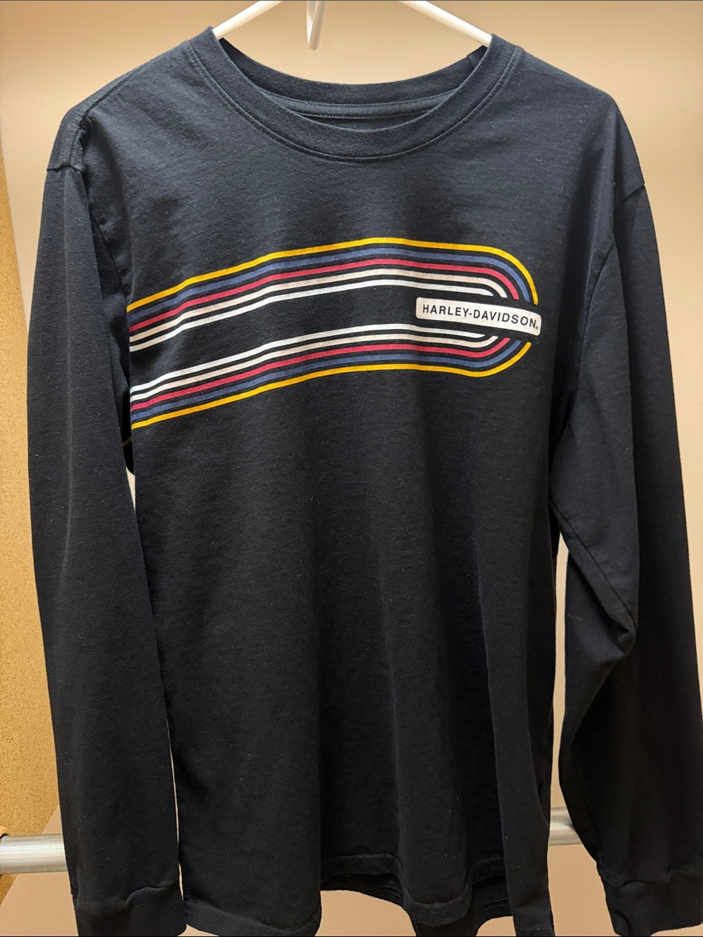 Harley-Davidson Black Long Sleeve Tee with Multi-Color Stripe Graphic